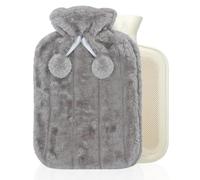 Crystals 2L Fluffy Hot Water Bottle with Cover, Hot Water Bag for Pain Relief, Two Pom Pom Cosy Faux Fur Warm Water Bottle - Slate Grey (Square Shape)