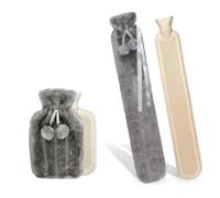Crystals 2L Fluffy Hot Water Bottle with Cover, Hot Water Bag for Pain Relief, Two Pom Pom Cosy Faux Fur Warm Water Bottle - Slate Grey (Both)