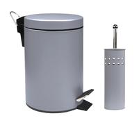 Crystals 3L Small Pedal Bin with Toilet Brush Set - Compact Waste Bin for Bathroom, Kitchen or Toilet, Soft Close Lid & Hygienic Hands-Free Design, Modern Rubbish Bin with Matching Brush Holder Grey