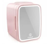 Crystals 4L Mini Fridge with LED Mirror - Portable Cooler & Warmer for Bedroom, Skincare, Makeup, Office, Car & Travel - Beauty Cosmetic Fridge with Dual Power Plugs (12V DC & 220-240V AC) (Pink)