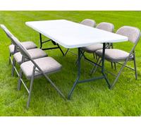 Crystals 5Ft Heavy Duty Folding Trestle Table With 6 Chairs Catering, Camping, Picnic & Bbq Party Table Chairs