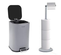 Crystals 5L Stainless Steel Pedal Bin & Free Standing Toilet Roll Holder - 2-in-1 Bathroom Set with Soft Close Lid & Storage for Up to 5 Rolls - No Drilling Required (Grey Bin + Grey Roll Holder)