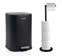 Crystals 5L Stainless Steel Pedal Bin & Free Standing Toilet Roll Holder - 2-in-1 Bathroom Set with Soft Close Lid & Storage for Up to 5 Rolls - No Drilling Required (Black Bin + Black Roll Holder)
