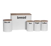 Crystals 5pc Kitchen Storage Set with Airtight Bamboo Lids - Labelled Tea, Coffee & Sugar Containers with Matching Bread Bin & Biscuit Barrel, Stylish Kitchen Canisters, Countertop Storage Set (White)
