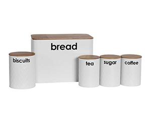 Crystals 5pc Kitchen Storage Set with Airtight Bamboo Lids - Labelled Tea, Coffee & Sugar Containers with Matching Bread Bin & Biscuit Barrel, Stylish Kitchen Canisters, Countertop Storage Set (White)