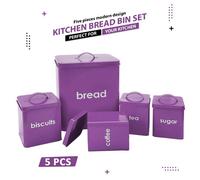 Crystals 5Pc Metal Bread Bin & Canister Set Enamel Coated Storage For Sugar, Coffee & Tea