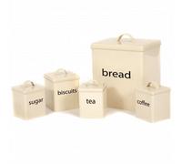 Crystals 5Pc Metal Bread Bin & Canister Set Enamel Coated Storage For Sugar, Coffee & Tea
