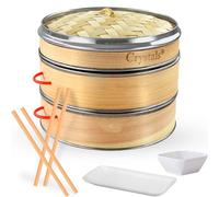 Crystals Bamboo Steamer Basket with Lid - 2 Tier Dumpling Steamer Basket for Cooking - Includes 2 Pair Wooden Chopsticks Reusable, 1 Ceramic Plate, 1 Ceramic Dipping Bowl