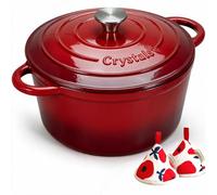 Crystals Cast Iron Round Casserole Dish with Lid, 26 cm / 28 cm Stock Pot, Enameled Cast Iron Dutch Oven, Cooking Pot for Induction, Gas & Oven, Stew, Soup, Bread & Roasting (Cherry Red, 28cm)