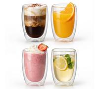 Crystals Double Wall Glass Coffee Mugs Set of 4, 350ml Insulated Borosilicate Glass Cups for Latte, Cappuccino, Tea, Espresso, Hot Chocolate & Cold Drinks, Heat Resistant Clear Coffee Glasses