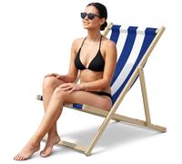 Crystals Folding Wooden Deck Chairs - Blue & White Striped Garden Beach Loungers, Portable Foldable Sun Recliner Chairs, Outdoor Patio & Seaside Relaxing Wood Frame Seats