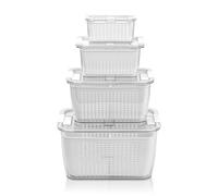 Crystals Fridge Organiser Storage Box Set of 4, Transparent BPA-Free Refrigerator Containers with Drain Tray & Air Vents, Stackable Kitchen Pantry Storage for Fruits, Vegetables, Meat, Cabinets