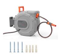 Crystals Hose Reel - Wall Mounted Hose Reels for Garden, Retractable, Auto Lock & Auto Rewind Pipe 180°, Includes Wall Fixings & Ready for Outdoor Use with Nozzle, Accessories, Grey (15m Hose Reel)