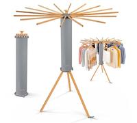 Crystals Octopus Clothes Drying Rack Airer - Portable Cloth Airer 16 Arm Wooden Collapsible Pole Tripod Laundry Dryer Horse Stand, Floor Standing Foldable Clothes Hanger for Home Use_Grey