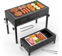 Crystals Portable Charcoal BBQ Grill - Large Stainless Steel Barbecue with Steel Hot Plate, Compact Foldable BBQ for Garden, Camping, Picnic, Travel & Outdoor Cooking, Black