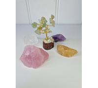 Crystals Set - 4 Raw Natural Stones for Protection with mini Gemstone Tree, Love, Wealth & Energy | Amethyst, Rose Quartz, Citrine, Clear Quartz | Spiritual Gift Kit