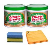 Elbow Grease Crystals Soda Cleaning Kit - 2Pack 500g, Microfiber Cloth, and Sponge | Non-Scratch, Freshens, Multipurpose Natural Cleaning Powder for Appliances & Surfaces