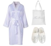 CrystalsRus Varsany White Rhinestone The Bride Satin Bathrobe + Spa Slipper + Tote Bag wedding Personalised day hen party gift set