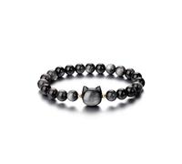 CrystalTears Crystal Cat Bracelet for Women Men 8mm Silver Obsidian Crystal Stone Bead Bracelets Protection Healing Gemstones Stretch Cat Bracelet Jewellery Gifts for Women Girls