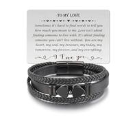 CrystalTears Men’s Leather Bracelet Gifts for Men, Black Braided Obsidian Stone Leather Bracelets Engraved Love Massage for Dad Man Brother Husband Boyfriend, Mens Bracelet Gift for Birthday Christmas