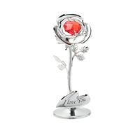 Crystocraft Celebration Rose - "I Love you" - Chrome Plated Metal Flower Red Gemstone - Sentiment Valentines & Mother's Day Keepsake Gifting & Homeware Wife / Husband / Partner Present H:8cm x W:3cm.