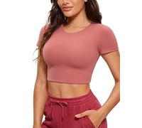 CRZ YOGA Butterluxe Double Lined Women's Short Sleeve Yoga T-Shirts Basic Soft Cropped Shirt Workout Casual Crop Tops Briar Rose 14