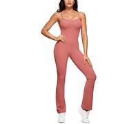 CRZ YOGA Butterluxe Women's Flare One Piece Jumpsuit 30" - Spaghetti Straps Square Neck Bodysuit with Built in Bra Briar Rose 6