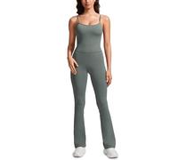 CRZ YOGA Butterluxe Women's Flare One Piece Jumpsuit 30" - Spaghetti Straps Square Neck Bodysuit with Built in Bra Grey Sage 14