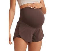 CRZ YOGA Womens 2 in 1 Maternity Workout Shorts 3’’ - Over Bump Split Running Yoga Casual Athletic Pregnancy Shorts with Pocket Hot Fudge Brown 8