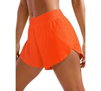 CRZ YOGA Women's Mid Waisted Running Shorts - Side Split Quick Dry Sports Gym Lightweight Bottoms with Liner Neon Orange 14
