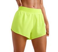 CRZ YOGA Women's Mid Waisted Running Shorts - Side Split Quick Dry Sports Gym Lightweight Bottoms with Liner Neon Yellow 14