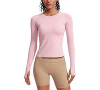 CRZ YOGA Women's Seamless Sports Long Sleeve Shirts Ribbed Running Shirt with Thumb Hole Breathable Quick Dry Fitness Tops Rose Blush 12
