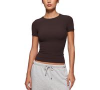 CRZ YOGA Womens Softembrace Going Out T-Shirts Basic Slim Fit Soft Shirts High Crew Neck Casual Tight Fitted Short Sleeve Tops Hot Fudge Brown 8