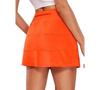 CRZ YOGA Women's Tennis Skirts with Pockets A-Line High Waisted Golf Skirts Built-in Shorts Lightweight Workout Casual Skorts Neon Orange 10