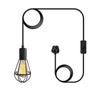 Crzpchas Pendant Light Retro Plug in Pendant Lighting Vintage Ceiling Light E27 Lamp Holder Hanging Light with Plug and 21.7ft Power Cord Black Metal Cage Pendant Lamp for Garage(Bulb Not Included)