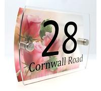 CS Printing Pink Roses Personalised House Number Plaque Glass Effect Acrylic Sign Door Plate Wall Display 2 Part Branded Acrylic (Pink Rose)