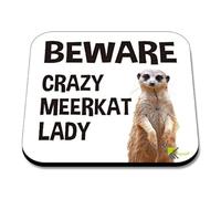 CS061 Beware crazy meerkat lady Novelty Funny Coffee Tea Drink Gift Glossy MDF Wooden Coaster | Gifts for Her, Women, Mum, Friend | Birthday & Animal Lover Present
