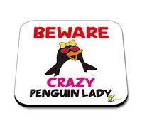CS063 Beware Crazy Penguin Lady Novelty Funny Coffee Tea Drink Gift Glossy MDF Wooden Coaster