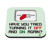 CS070 Have you tried turning it off and on again? Novelty Funny Coffee Tea Gift Glossy MDF Wooden Coaster | Gifts for Tech Support, Dad, Men, Colleagues - MDF Drink Mat - Fathers Day & Geek Present