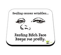 CS505 Smiling Causes Wrinkles... Resting Bitch face Keeps me Pretty. Novelty Funny Coffee Tea Drink Gift Glossy MDF Wooden Coaster