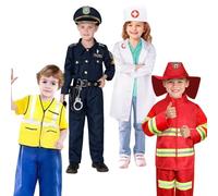 Csafyrt 4 Sets Halloween Costumes for Kids, Funny Kids Costumes Construction Worker, Police, Firefighter, Doctor for Boys Girls Pretend Role Accessories