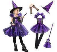 Csafyrt 5PCS/Set Witch Costume for Girls with Tulle Skirt, Hat, Broom, Gloves and Socks, Halloween Toddler Witch Costum Cosplay Party Dress Up, 2XL