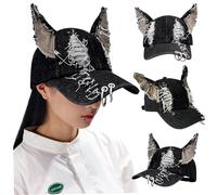 Csafyrt Cat Beanie Black Ripped Y2k Hat With Metal Hoop Punk Grunge Aesthetic Baseball Cap Sun Protection Stylish One Size Fits