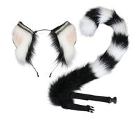 Csafyrt Cat Ears and Tail, Furry Elastic Cat Ears Headband & Black White Tail with Adjustable Belt for Cosplay Party Halloween Costume