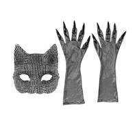 Csafyrt Cat Mask with Gloves Half Face Sexy Shiny Rhinestone Cat Woman Mask 3Pcs/Set Fashionable Cosplay Accessories for Halloween, Dance Party