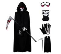 Csafyrt Grim Reaper Costume 5Pcs/Set for Kid-Medium Glowing Eyes Cosplay Outfits for Kids Black Scary Halloween Costumes for Halloween Costume Parties, Cosplay Parties