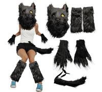 Csafyrt Halloween Black Cat Costume for Adult Women with Furry Cat Mask, Paw Gloves, Tail & Leg Warmers Fox Wolf Furry Costume for Cosplay Party Props