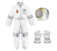 Csafyrt Halloween Costumes White Polyester Space Costume with Gloves and Helmet Space Jumpsuit with Elastic Bands & 6 Flag Sticker Halloween Costumes for Kids, Boys Girls Dress Up, S