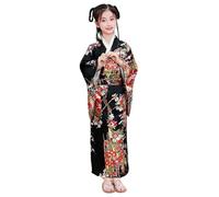 Csafyrt Kids Kimono for Girls Flower Print Silk Geisha Costume with Back Bow Elegant Gentle Yukata Japanese Kimono for Cosplay, Halloween, Dress Up, Size 130