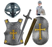 Csafyrt Knight Costume Kids 4Pcs/Set Cross Medieval Knight Armor Includes Helmet Shield Sword and Armor Kids Dress Up Costumes Silvergray